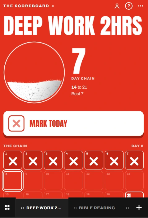 The Scoreboard app showing a 7-day chain, a filling jar and a Mark Today button