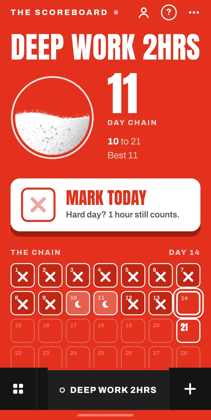 The Scoreboard app showing an 11-day chain, a filling jar and a Mark Today button